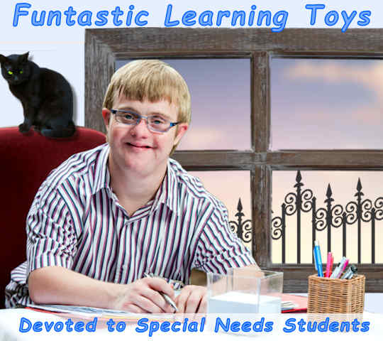 Special Needs Student Sitting In Front of Window Happy with Funtastic Learning Toys Help.